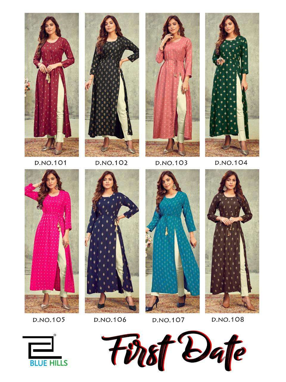 BLUE HILLS PRESENTS FIRST DATE RAYON PRINTED DESIGNER WHOLESALE KURTI COLLECTION